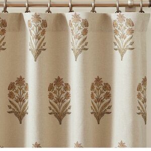 Pottery Barn Linen Curtain Panel 50”x84”Tan Floral 2 in 1 pole top /rings/hooks